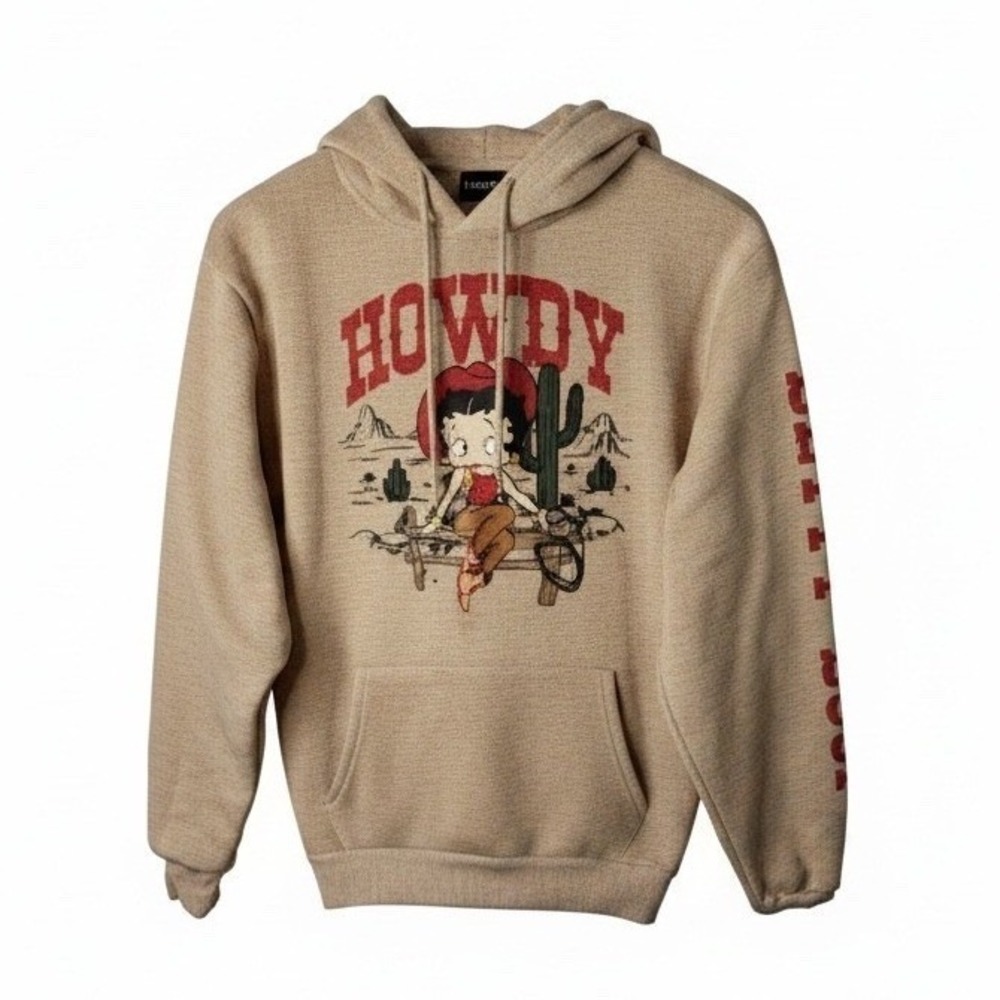 Betty Boop Howdy Hoodie Womens Small‎ Tan Cowgirl Graphic Sweatshirt Pullover